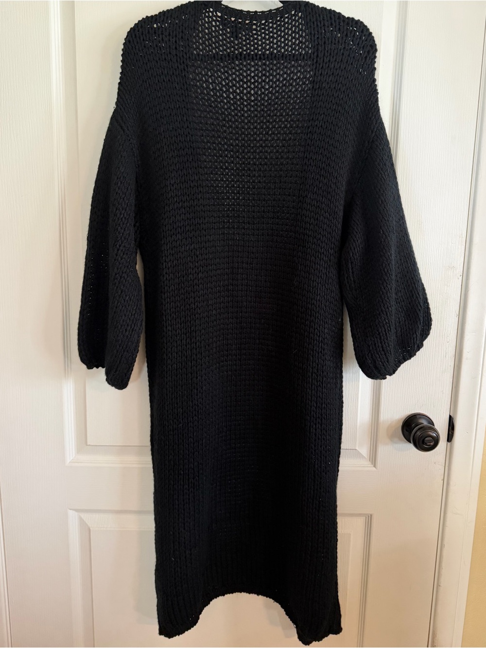 JLUXLABEL Black Open-Knit Longline Cardigan/Duster w/Balloon Sleeves    Sz S